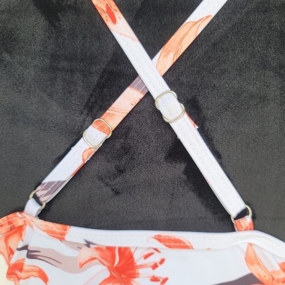 NwOT Shein Orange White Floral Print Swim Top High Neck Strap Sz Large L - Picture 6 of 11